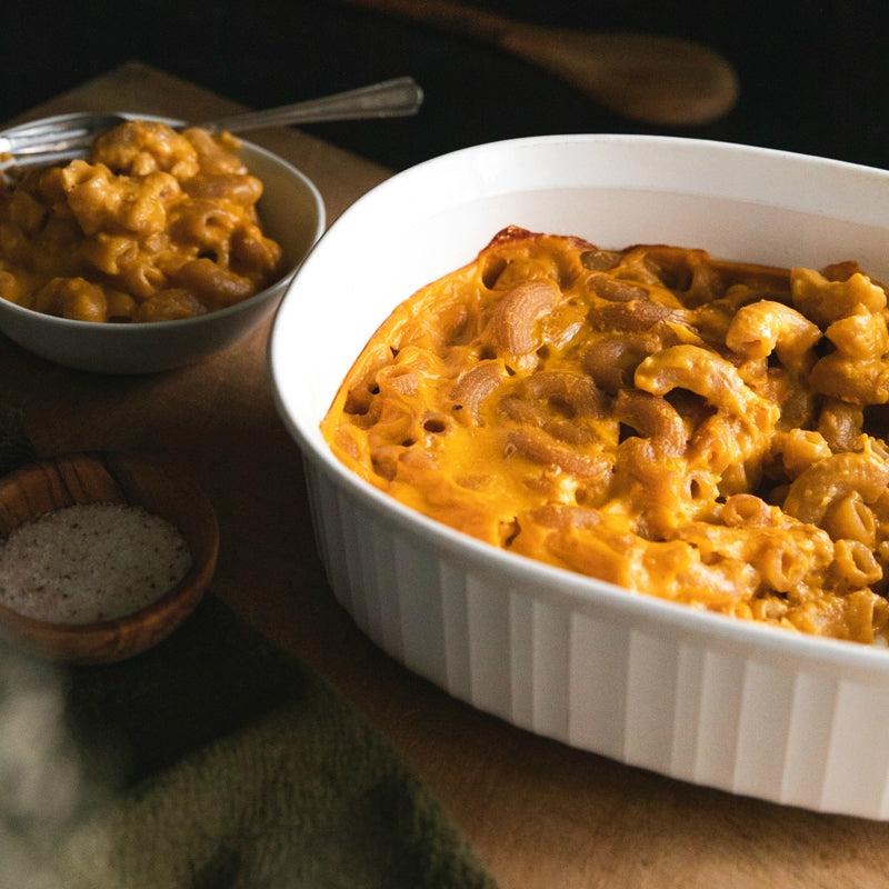 Jovial Grain-Free Cassava Elbows for pasta dishes, displayed with a cauliflower mac and cheese in a bowl.
