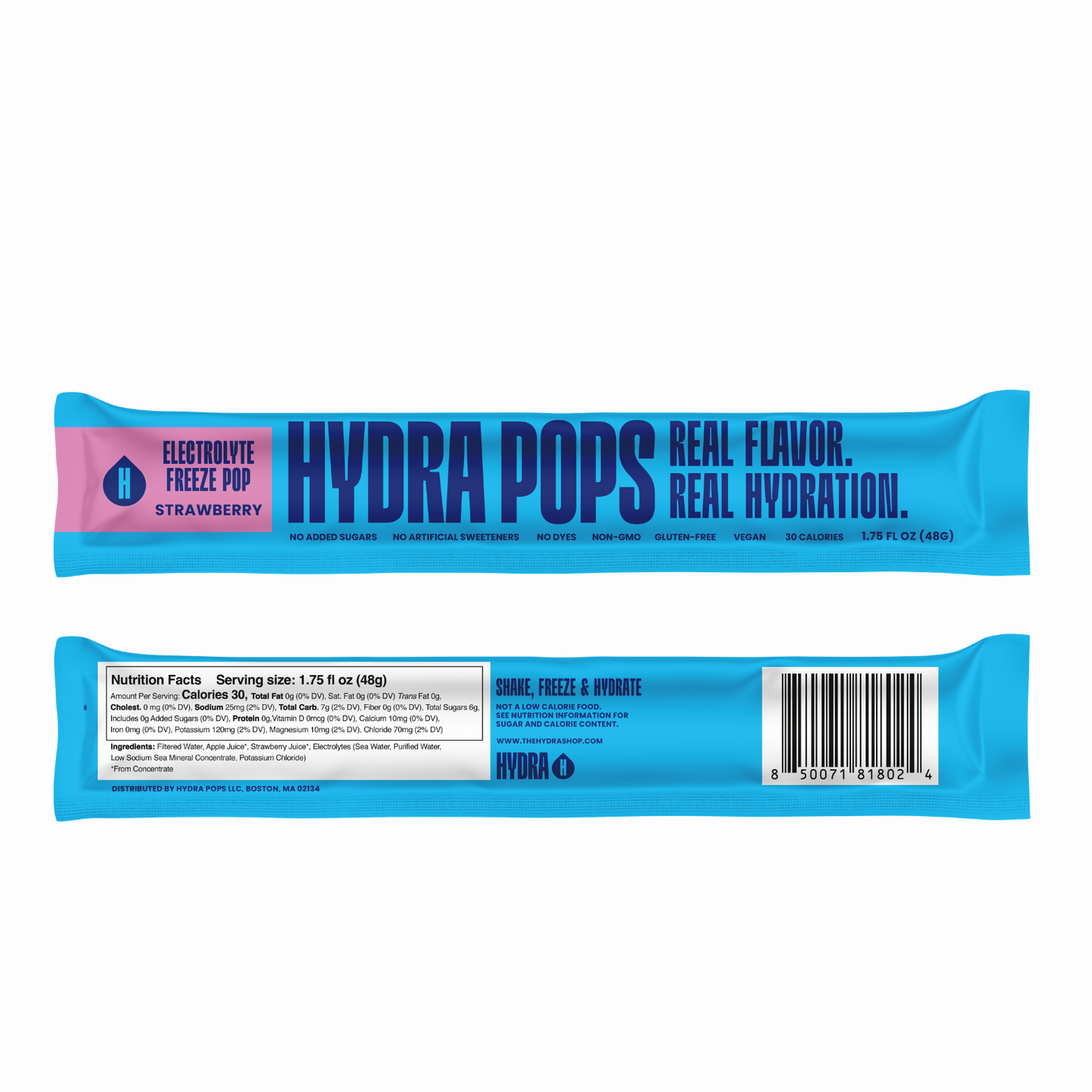Hydra Pops Strawberry flavored hydration supplement by Hydra Hydration in a clear plastic container with a bright label.