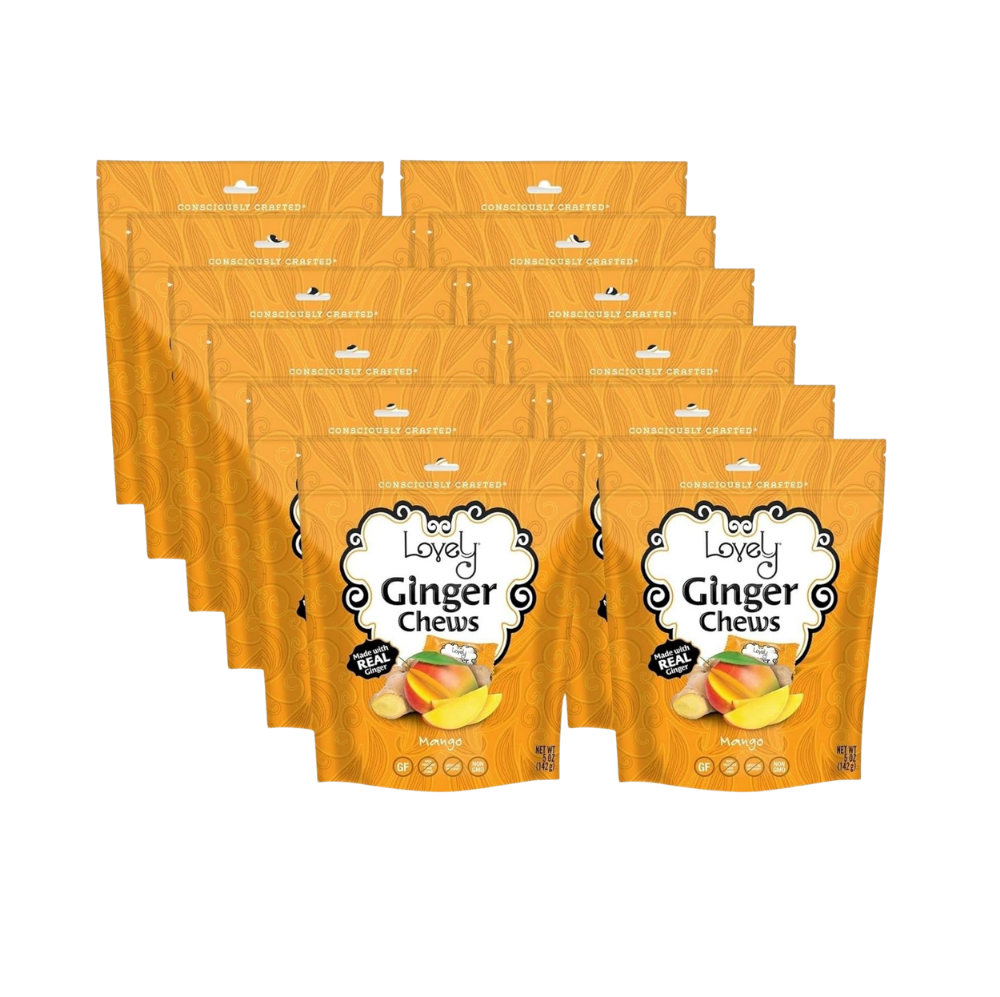 Sweet Mango Ginger Chews by Lovely Candy Company, showing shiny, chewy ginger candies with mango flavor on a white background.