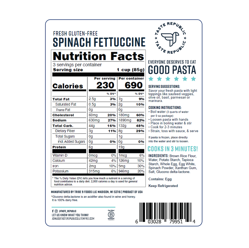 Taste Republic gluten-free spinach fettuccine pasta pack with six fresh, green, uncooked spinach fettuccine noodles on a white background.