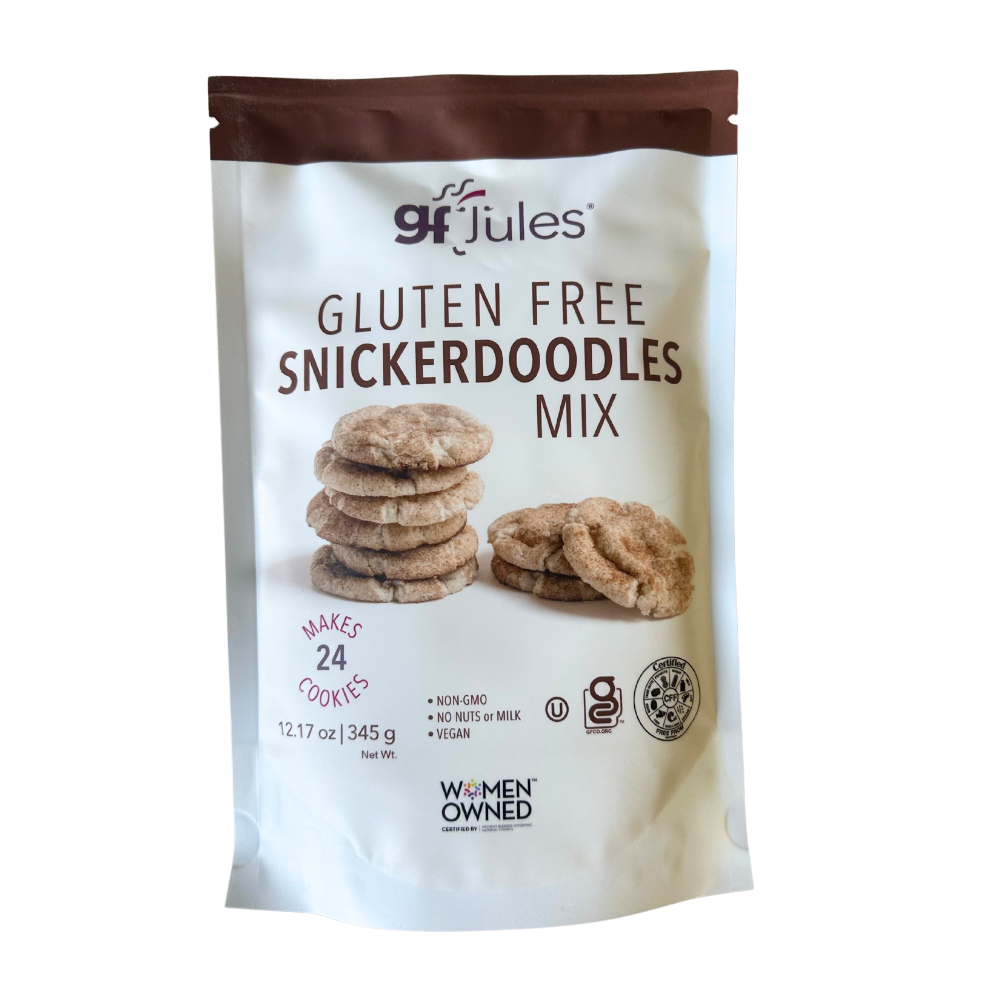gfJules gluten free snickerdoodle mix in a bag, showing the product packaging and branding for baking cookies at home