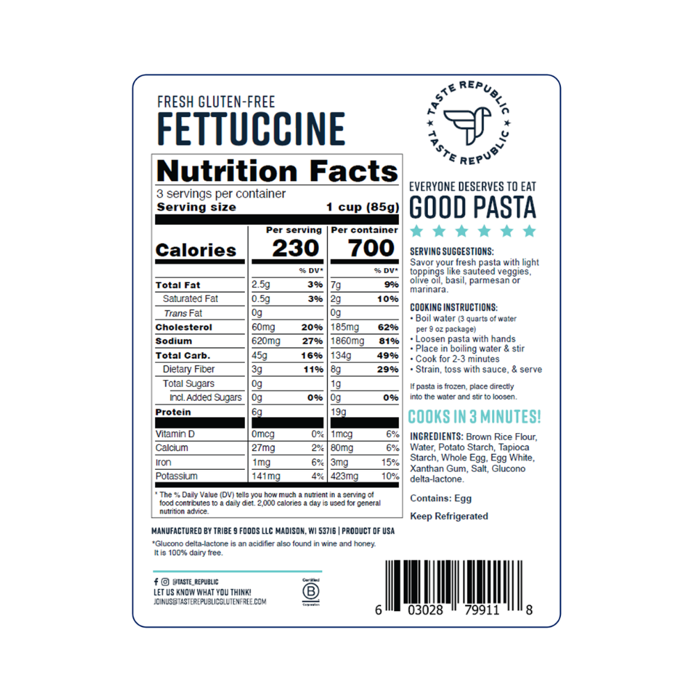 Taste Republic gluten-free fettuccine pasta pack, fresh and uncooked, showing six boxes of gluten-free pasta noodles.