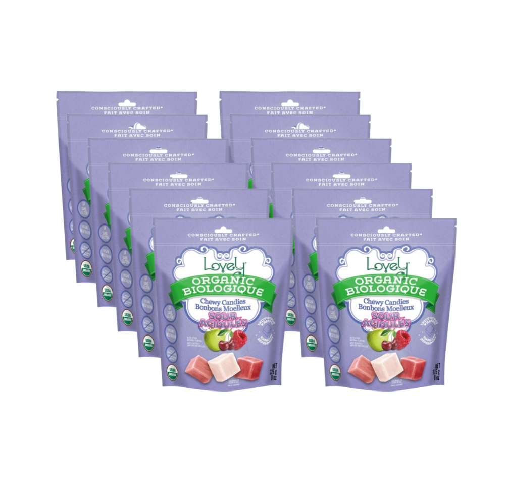 Organic sour chewy candies from Lovely Candy Company, colorful candies with a tangy, fruity appearance in a clear bag.