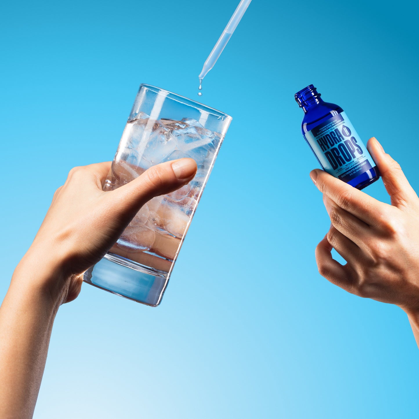 Hydra Hydration Hydra Drops sea mineral electrolyte drops in a small bottle, designed for quick hydration and mineral replenishment.