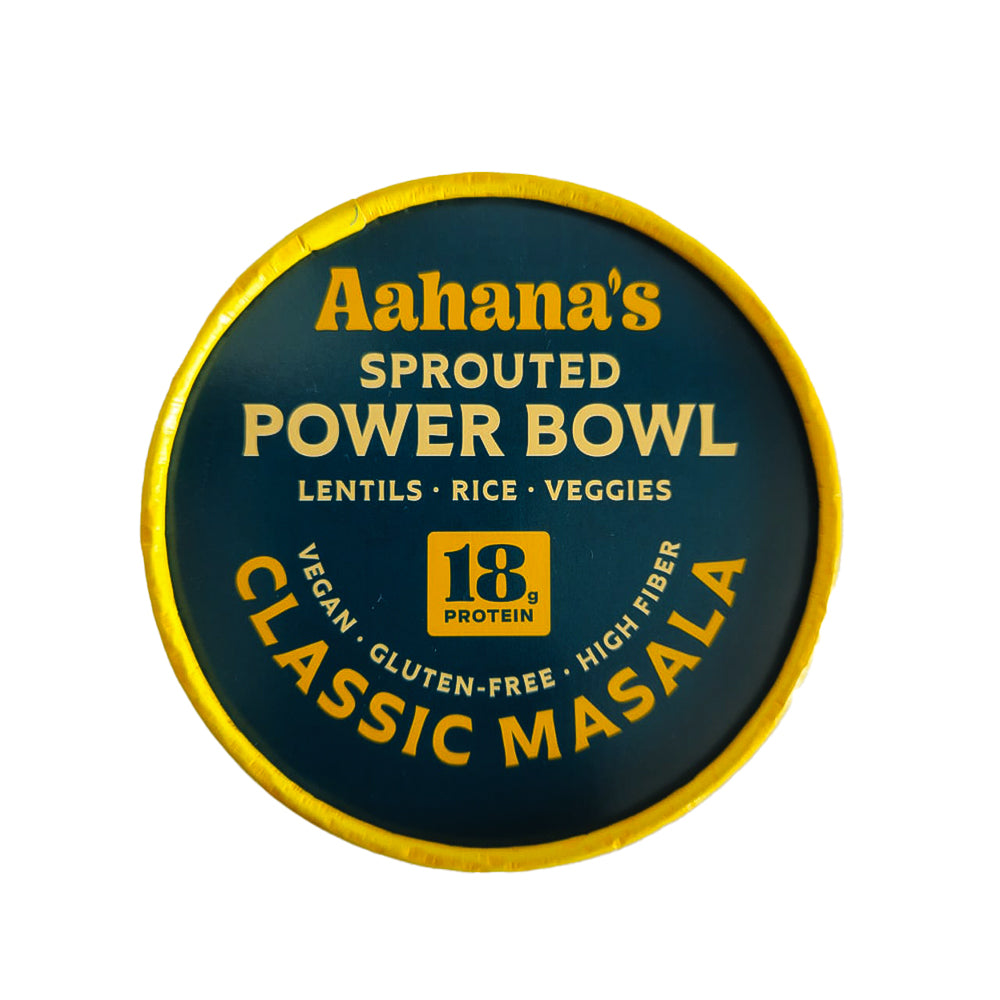 Sprouted mung beans and rice bowl with classic masala seasoning in a bowl, part of Aahana’s Naturals Classic Masala 6-pack.