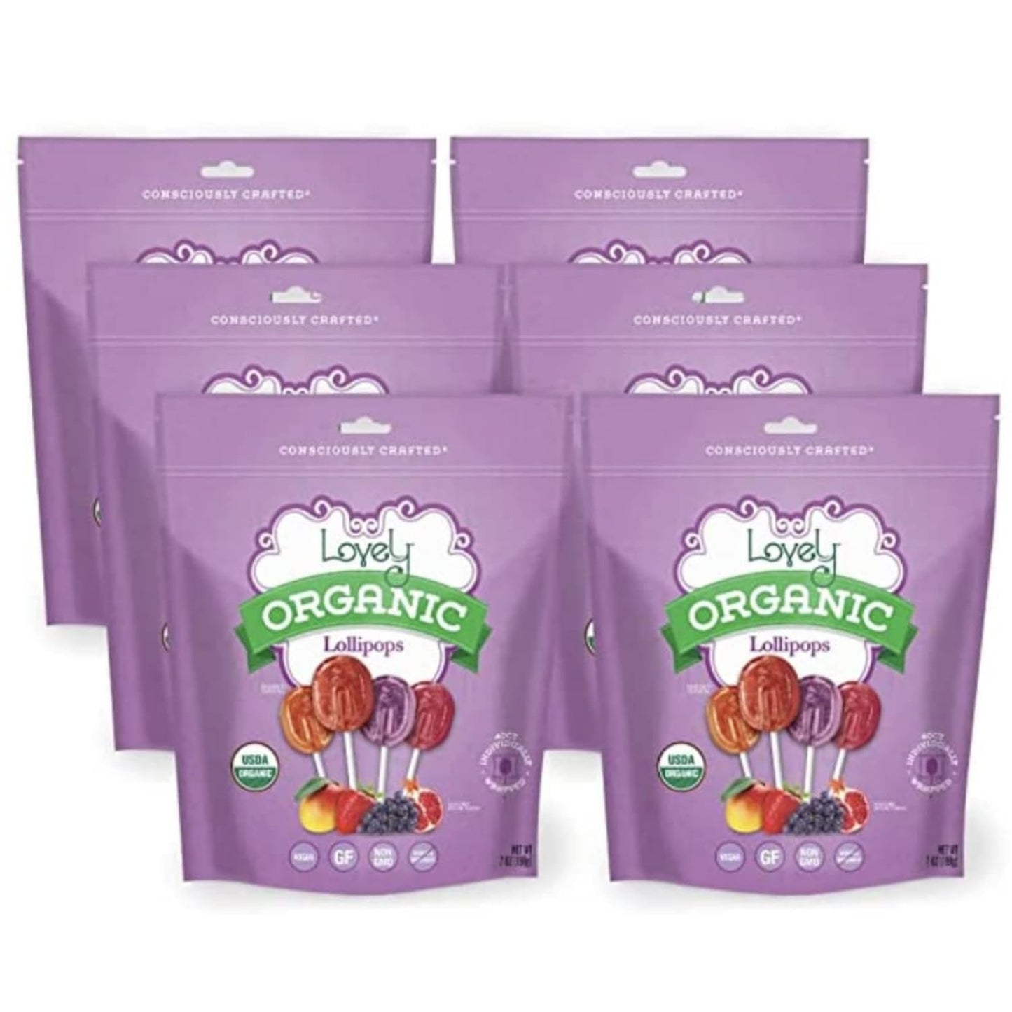 Six-pack of Lovely Candy Company organic lollipops in colorful packaging, 7 oz each, natural and sweet treat for all ages.