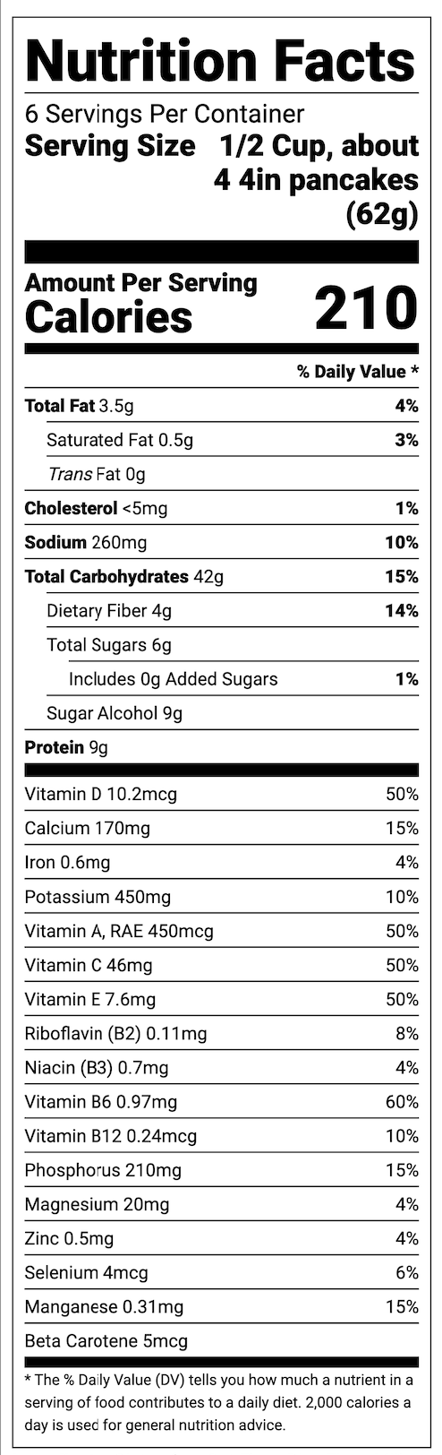 Nutrition facts for Hidden Foods Co. gluten-free homestyle pancake mix 2-pack, showing ingredients and nutritional information.
