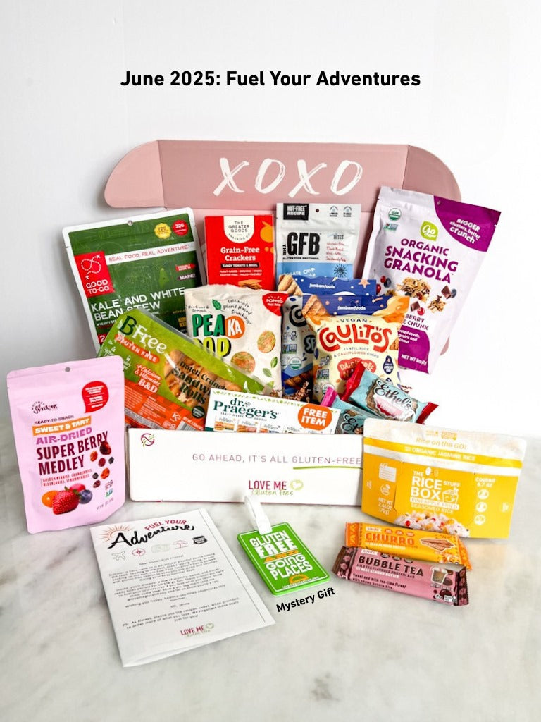 Love Me Gluten Free dairy-free and gluten-free monthly subscription box featuring assorted snacks and treats, June 2025 edition.