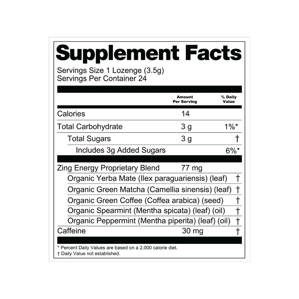Essential Candy Zing Energy herbal lozenges in a clear package, showcasing vibrant botanical ingredients and vibrant packaging.