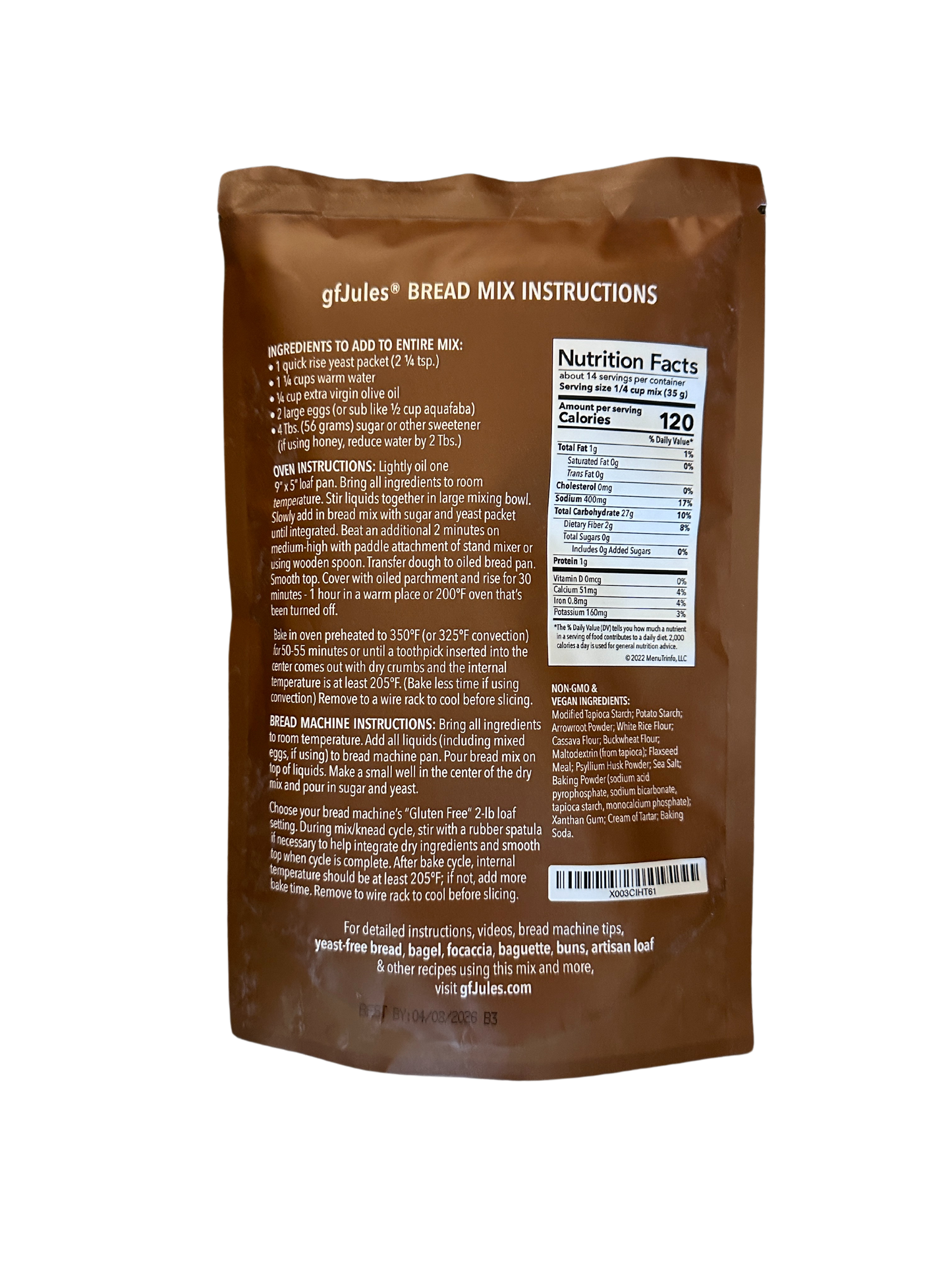 Back view of gfJules Gluten Free Bread Mix package, showing nutritional info and ingredients on the label.