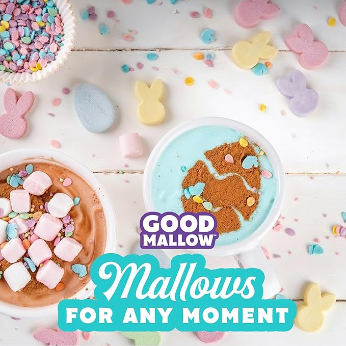 Plant-based marshmallow eggs by Good Mallow, showing a colorful pile of soft, oval-shaped marshmallow treats on a white background.