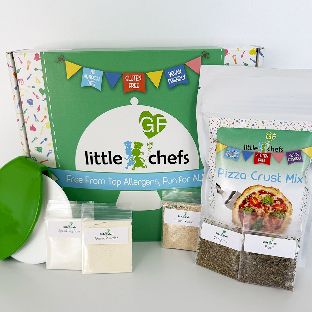 Little GF Chefs Pizza Party Kit with colorful pizza-shaped decorations and cooking tools for kids' fun cooking activity.