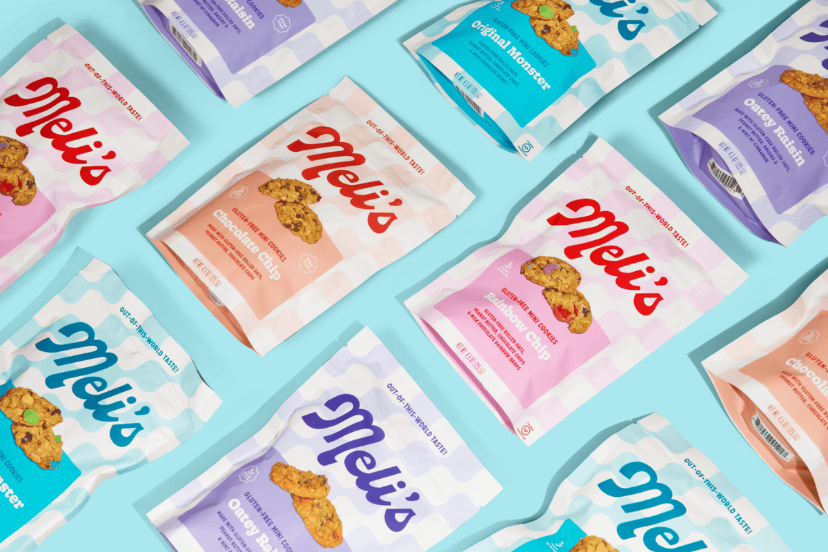 Three packs of Meli's Cookies Original Monster Mini Cookies, featuring colorful packaging and mini cookie treats.