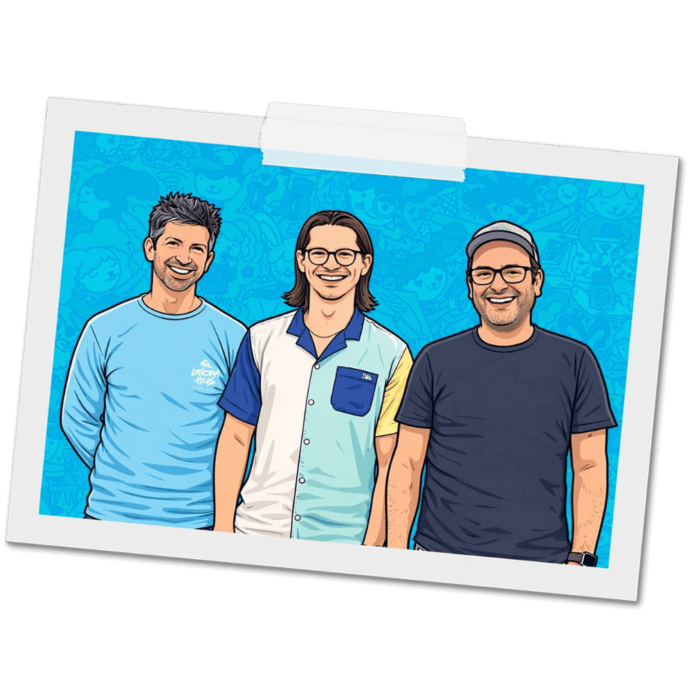 A stylized illustrated photo print showing three smiling men standing together against a bright blue patterned background, with a white border and a small torn-paper detail at the top, set on a dark green background.