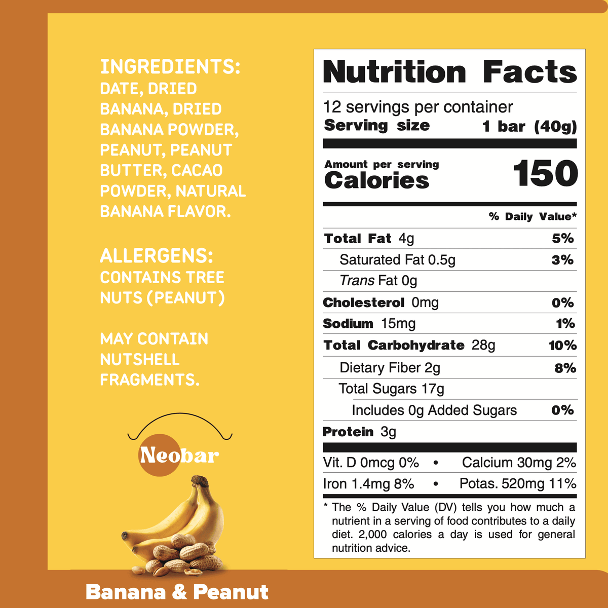 Nutrition label and ingredients list for a banana and peanut bar with Neobar branding.