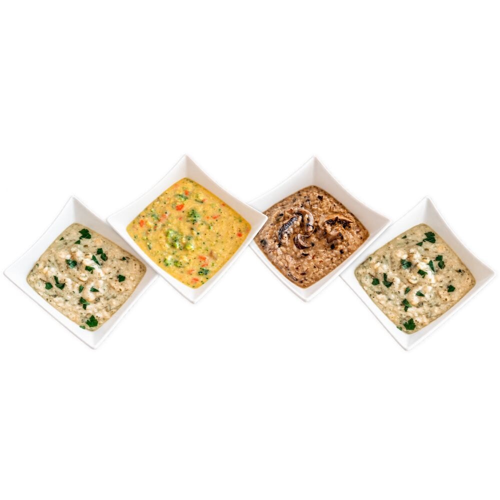 Four creamy soup favorites in a Soupapotamus LLC bundle, featuring colorful bowls of delicious, hearty soups on a white background.