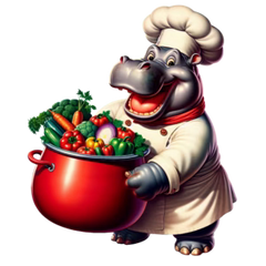 A cartoon hippo dressed as a chef in a white uniform and tall hat, holding a large red pot filled with colorful vegetables, isolated on a black background.