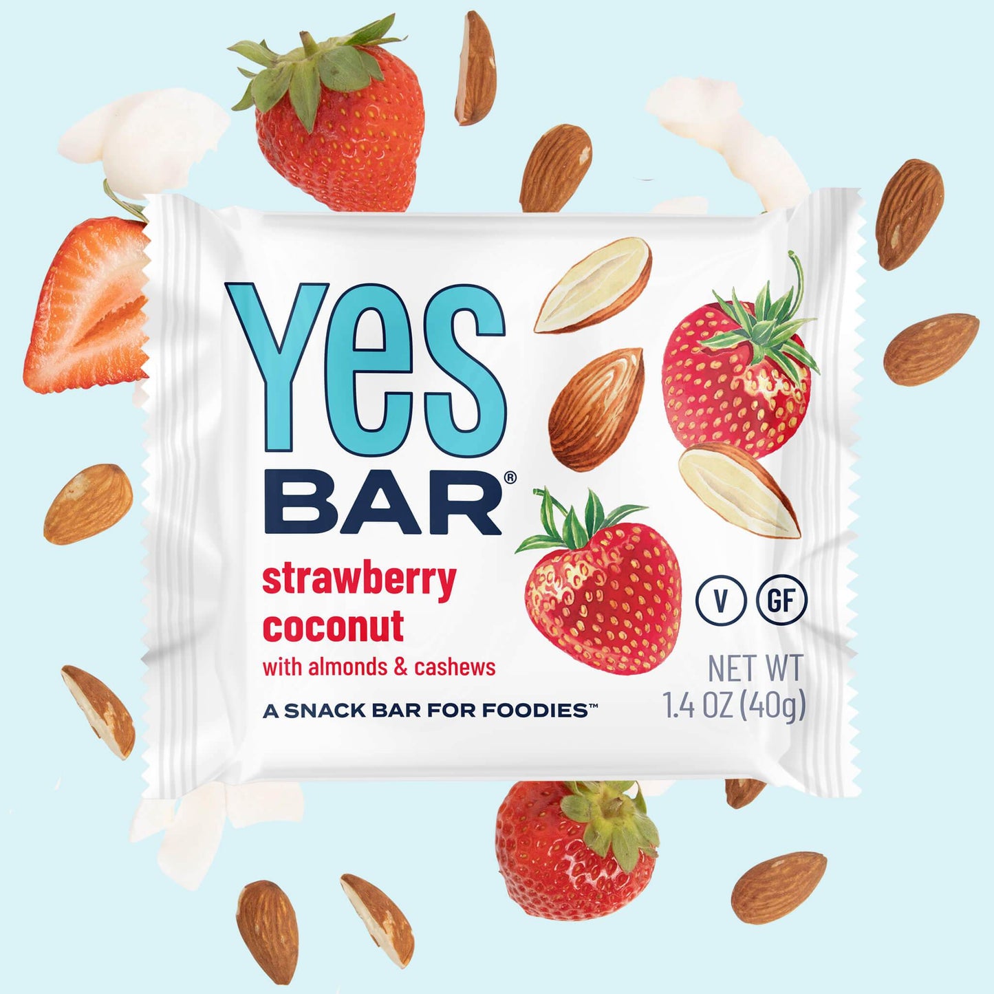 Six YES BAR Strawberry Coconut snack bars with clean edges, featuring fresh strawberry and coconut ingredients.