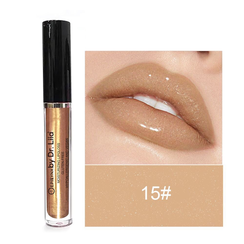 EpiLynx Hydrating Shine Lip Gloss in a clear tube with a doe-foot applicator, featuring glossy, moisturizing formula.