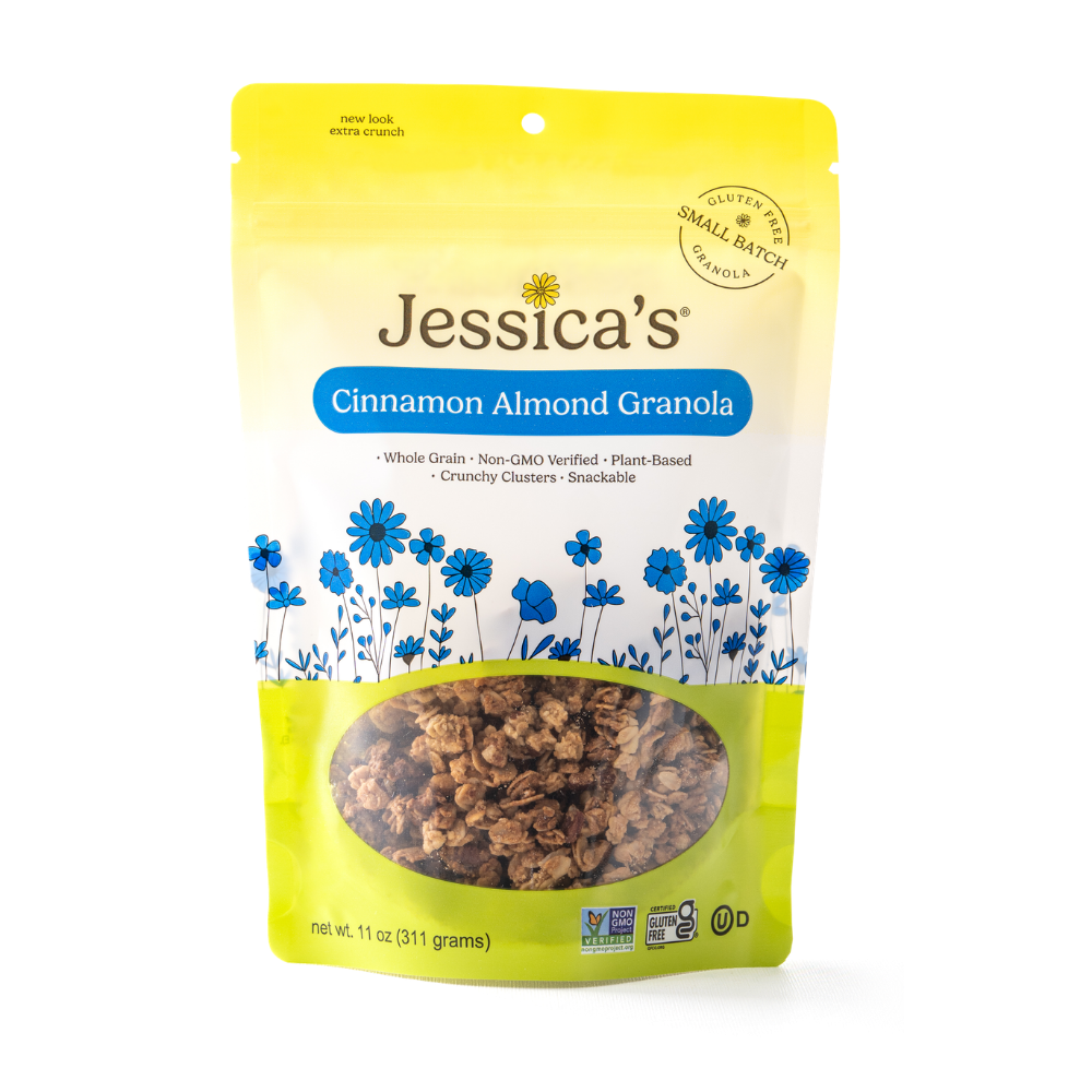Jessica's Natural Foods Chocolate Chip Cookie Mix in a resealable bag with freshly baked cookies on a baking sheet.