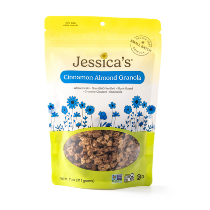 Jessica's Natural Foods Chocolate Chip Cookie Mix in a resealable bag with freshly baked cookies on a baking sheet.