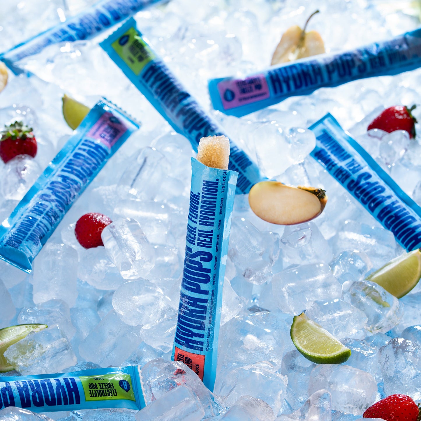Assorted Hydra Pops hydration variety pack with colorful ice pops in clear packaging from Hydra Hydration.