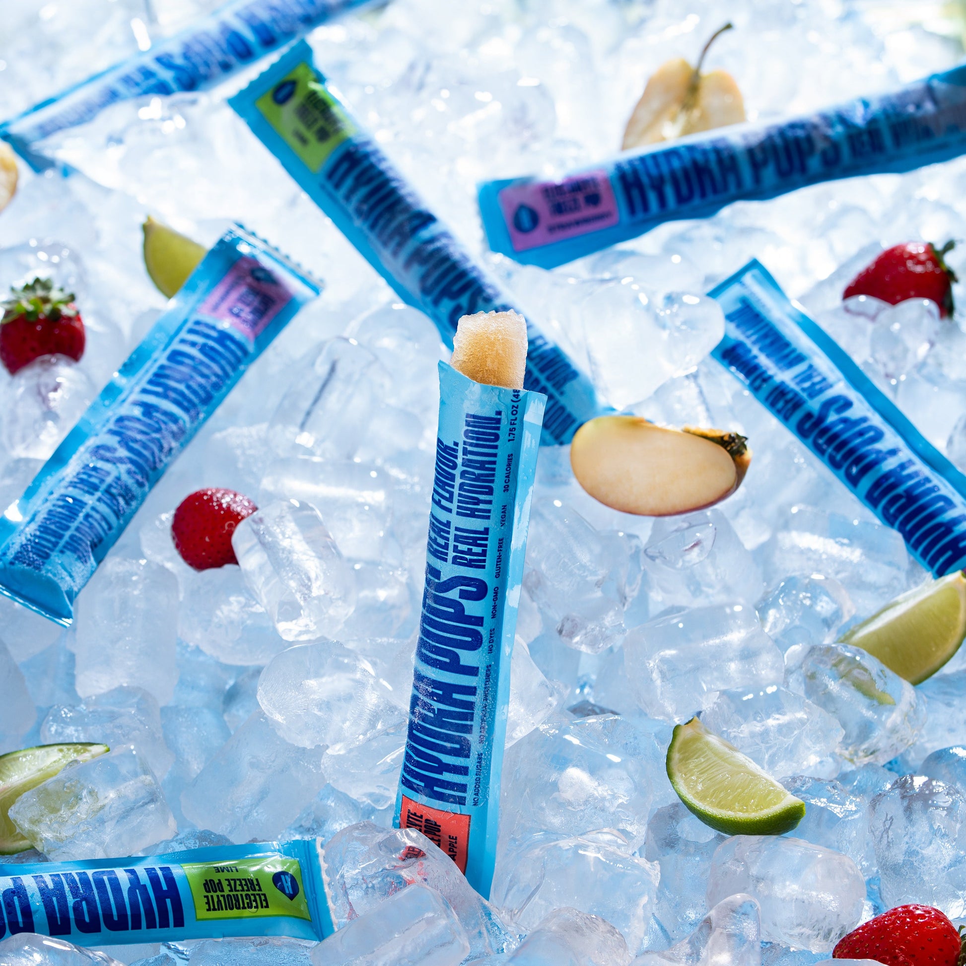 Assorted Hydra Pops hydration variety pack with colorful ice pops in clear packaging from Hydra Hydration.