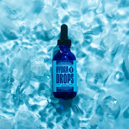 Hydra Hydration Hydra Drops sea mineral electrolyte drops in a small bottle, designed for hydration and mineral replenishment.