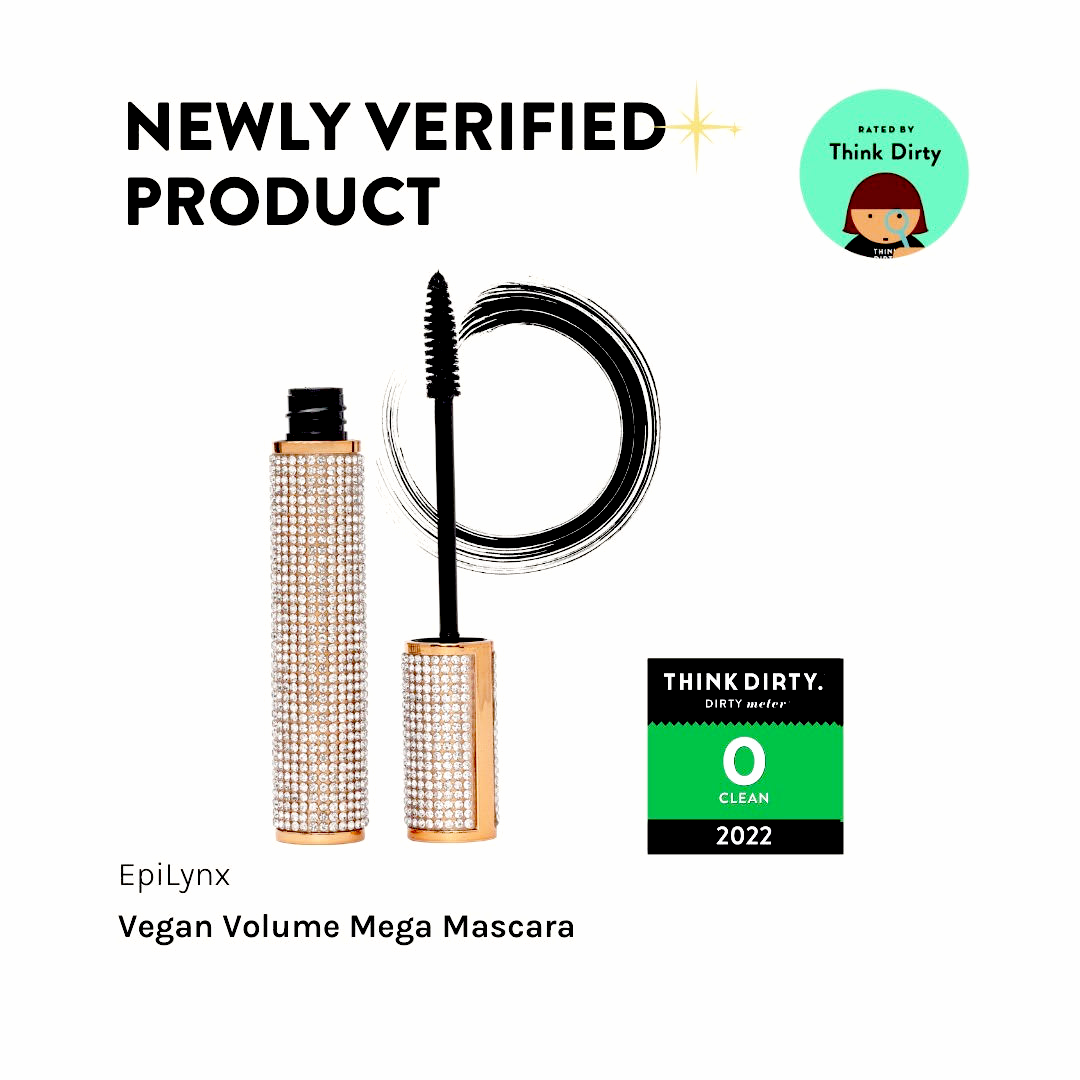 EpiLynx Mega Volume Vegan Mascara with handmade diamond case, showing the sleek black mascara wand and elegant packaging.