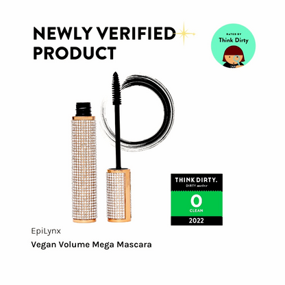EpiLynx Mega Volume Vegan Mascara with handmade diamond case, showing the sleek black mascara wand and elegant packaging.