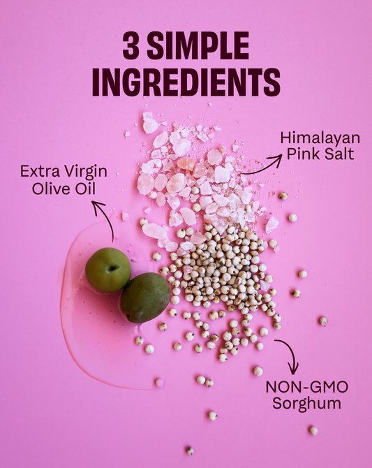 Cob Foods Popped Sorghum with Olive Oil and Pink Salt, a crunchy snack featuring colorful popped grains seasoned with flavorful ingredients.