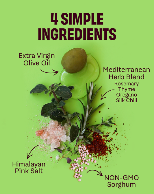 Cob Foods Mediterranean Herb Popped Sorghum in a clear bowl, showing crispy, herb-seasoned popped grain with herbs and seasoning visible.