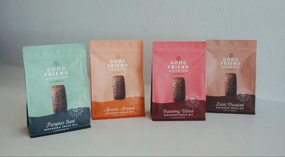 Assorted bread mixes in a variety pack from Good Friend, featuring four different bread flavor options in colorful packaging.