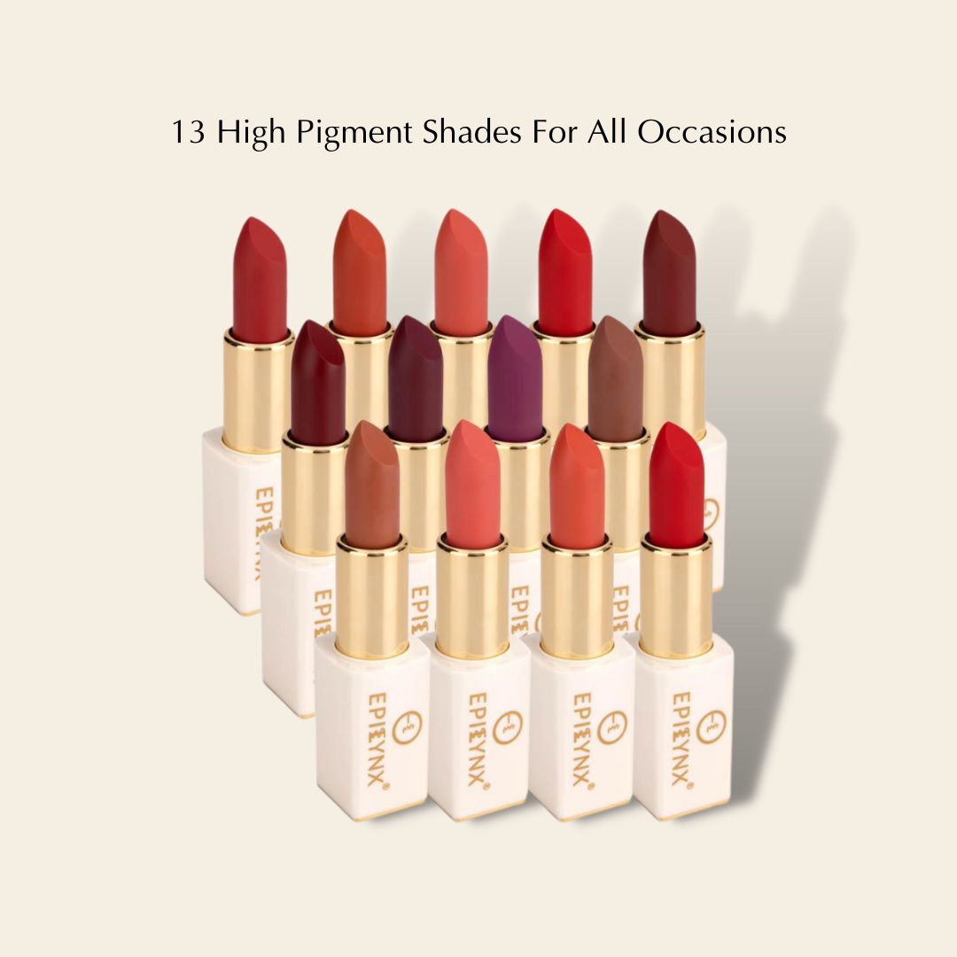 EpiLynx vegan matte lipstick in a magnetic case, showcasing a hydrating, long-wear formula with a sleek lipstick tube.