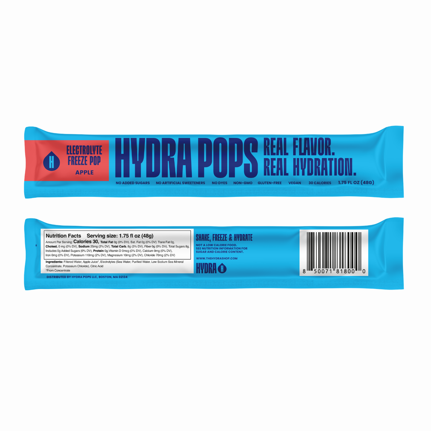 Hydra Pops Apple flavored hydration ice pop by Hydra Hydration, showing a bright red ice pop with apple flavor branding.