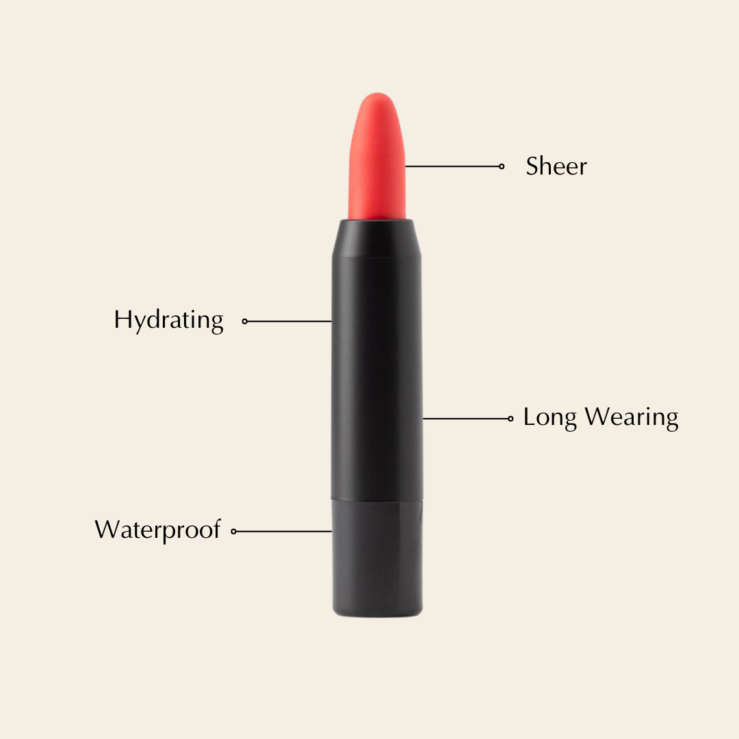 EpiLynx Perfect Lip Crayon in shade, hydrating buildable vegan and gluten-free lipstick balm pencil on a neutral background.