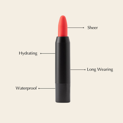 EpiLynx Perfect Lip Crayon in shade, hydrating buildable vegan and gluten-free lipstick balm pencil on a neutral background.