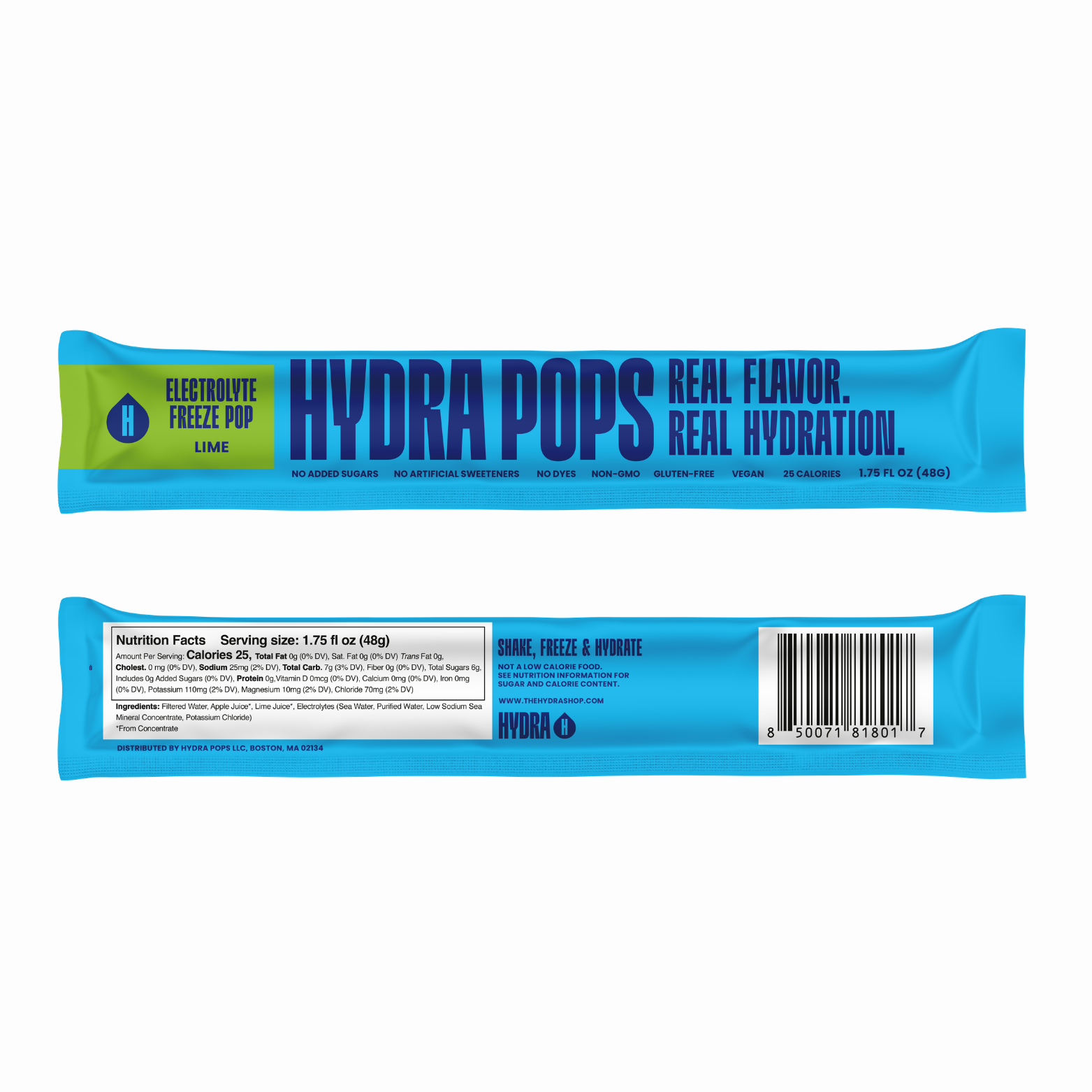 Hydra Hydration Hydra Pops Lime flavor in a clear plastic container with lime-flavored frozen ice pops.