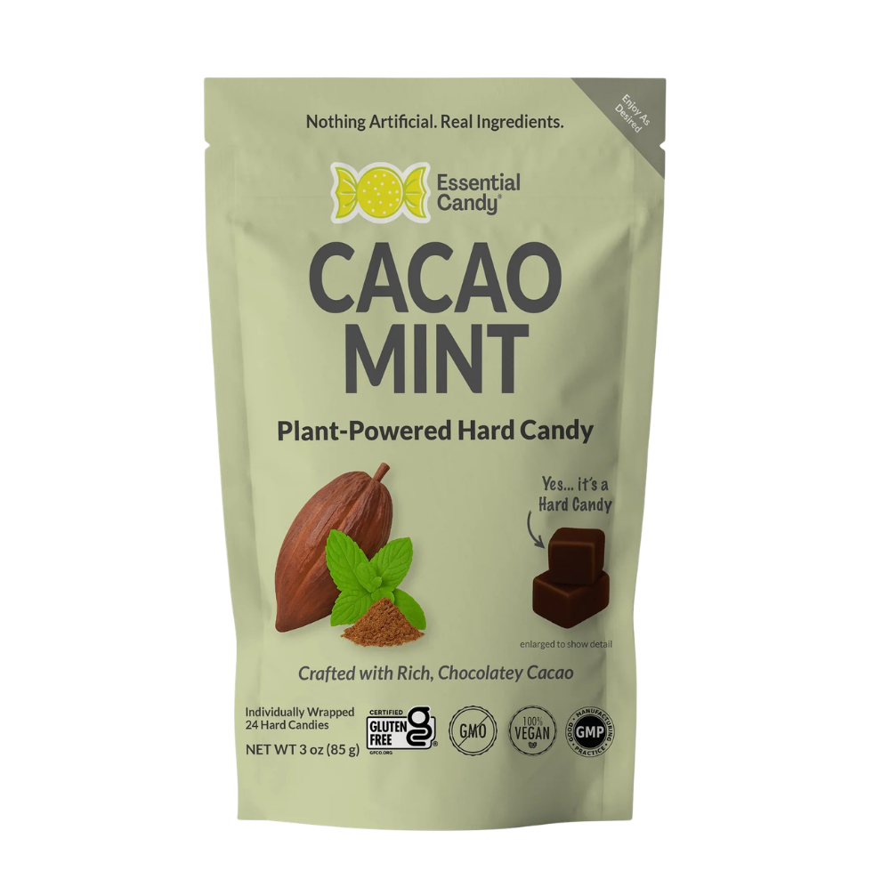 Essential Candy Cacao Mint botanical lozenges, hard candy with cacao and mint flavor, shown in a clear container.