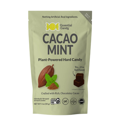 Essential Candy Cacao Mint botanical lozenges, hard candy with cacao and mint flavor, shown in a clear container.