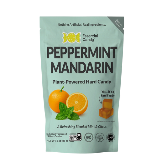 Essential Candy Peppermint Mandarin botanical lozenges in a clear hard candy form, featuring red and white swirls.