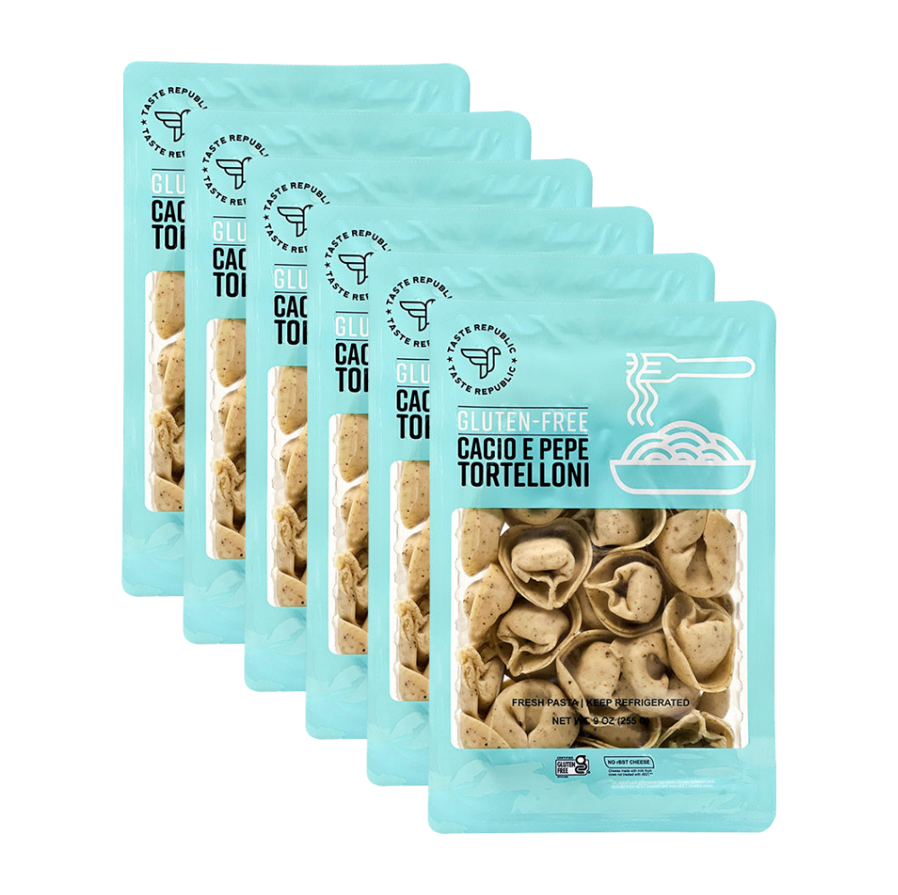 Taste Republic gluten-free Cacio e Pepe Tortelloni pasta in a 6-pack, showcasing the fresh, uncooked pasta with a classic Italian appearance.