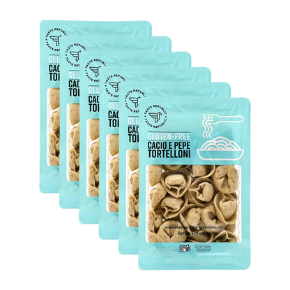 Taste Republic gluten-free Cacio e Pepe Tortelloni pasta in a 6-pack, showcasing the fresh, uncooked pasta with a classic Italian appearance.