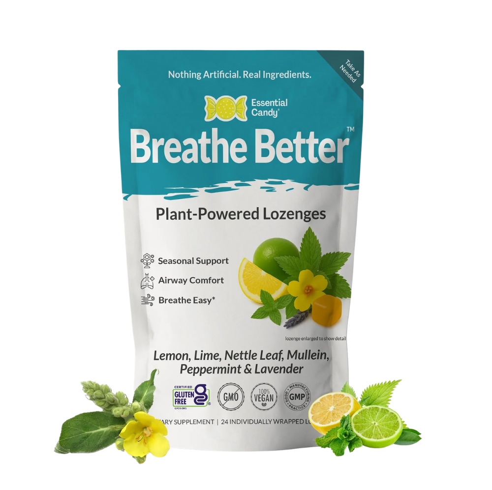Essential Candy Breathe Better herbal lozenges in a clear jar, featuring botanical ingredients for improved respiratory comfort.