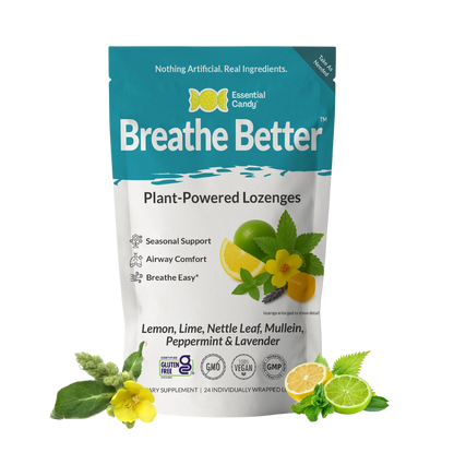 Essential Candy Breathe Better herbal lozenges in a clear jar, featuring botanical ingredients for improved respiratory comfort.
