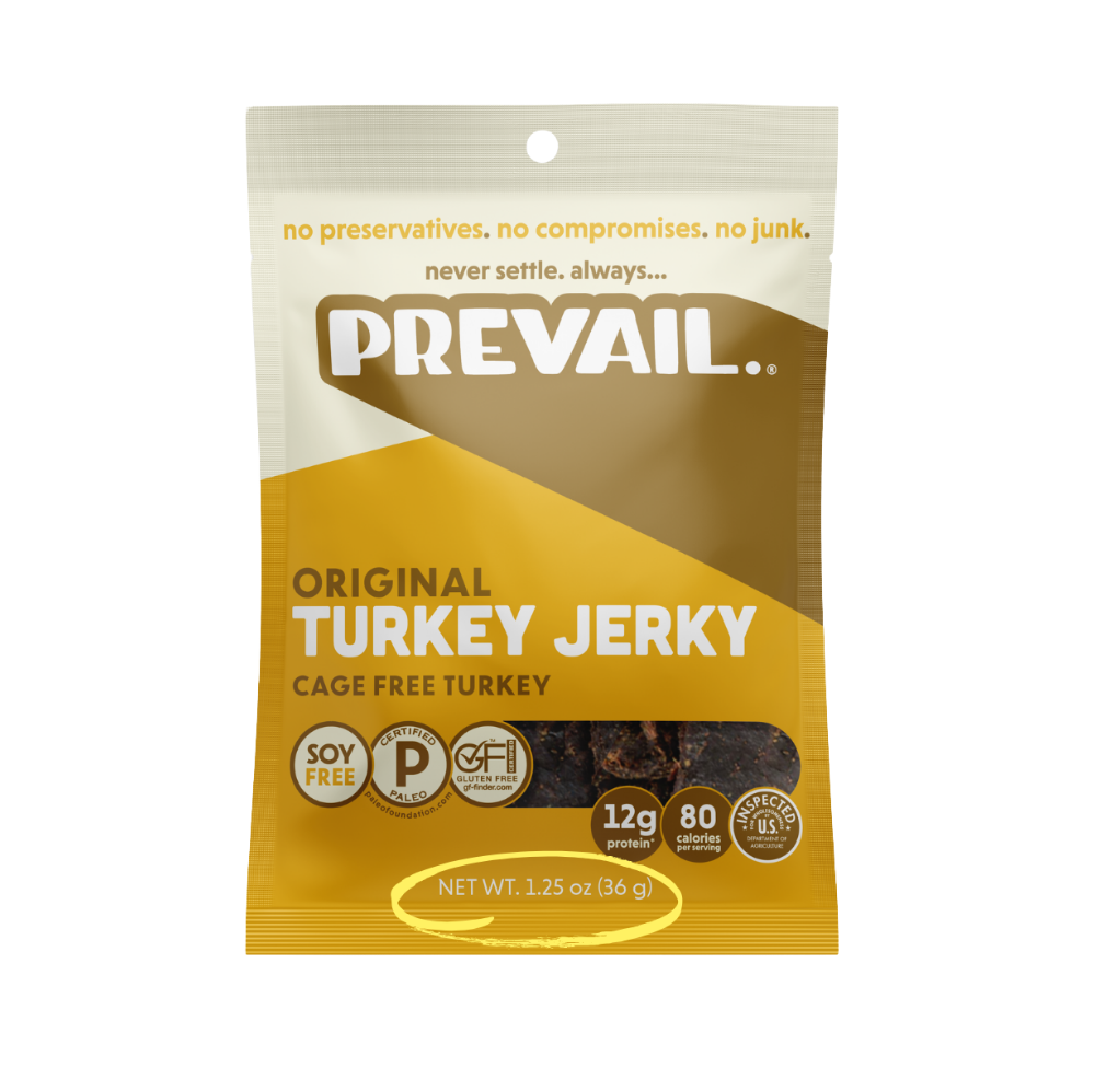 Eight individual packs of PREVAIL Jerky Original Turkey Jerky, single serve snack packs displayed in a row.