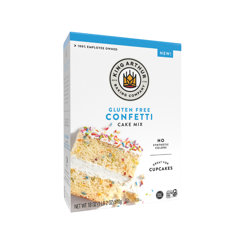 King Arthur Confetti Cake Mix box with colorful sprinkles and ingredients visible on the packaging.