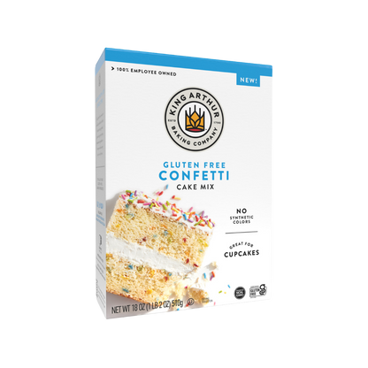 King Arthur Confetti Cake Mix box with colorful sprinkles and ingredients visible on the packaging.