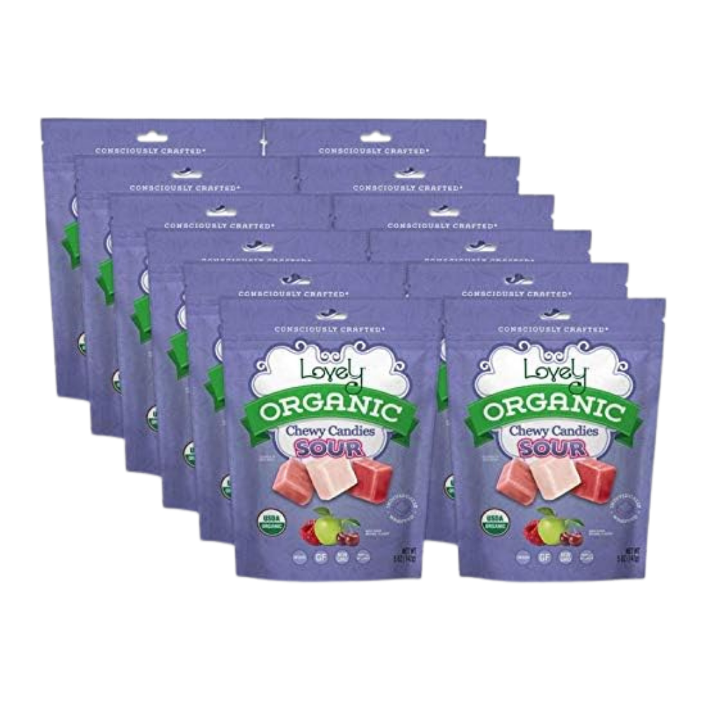 Organic sour chewy candies from Lovely Candy Company, colorful and fruity with a sticky, chewy texture.