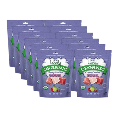 Organic sour chewy candies from Lovely Candy Company, colorful and fruity with a sticky, chewy texture.